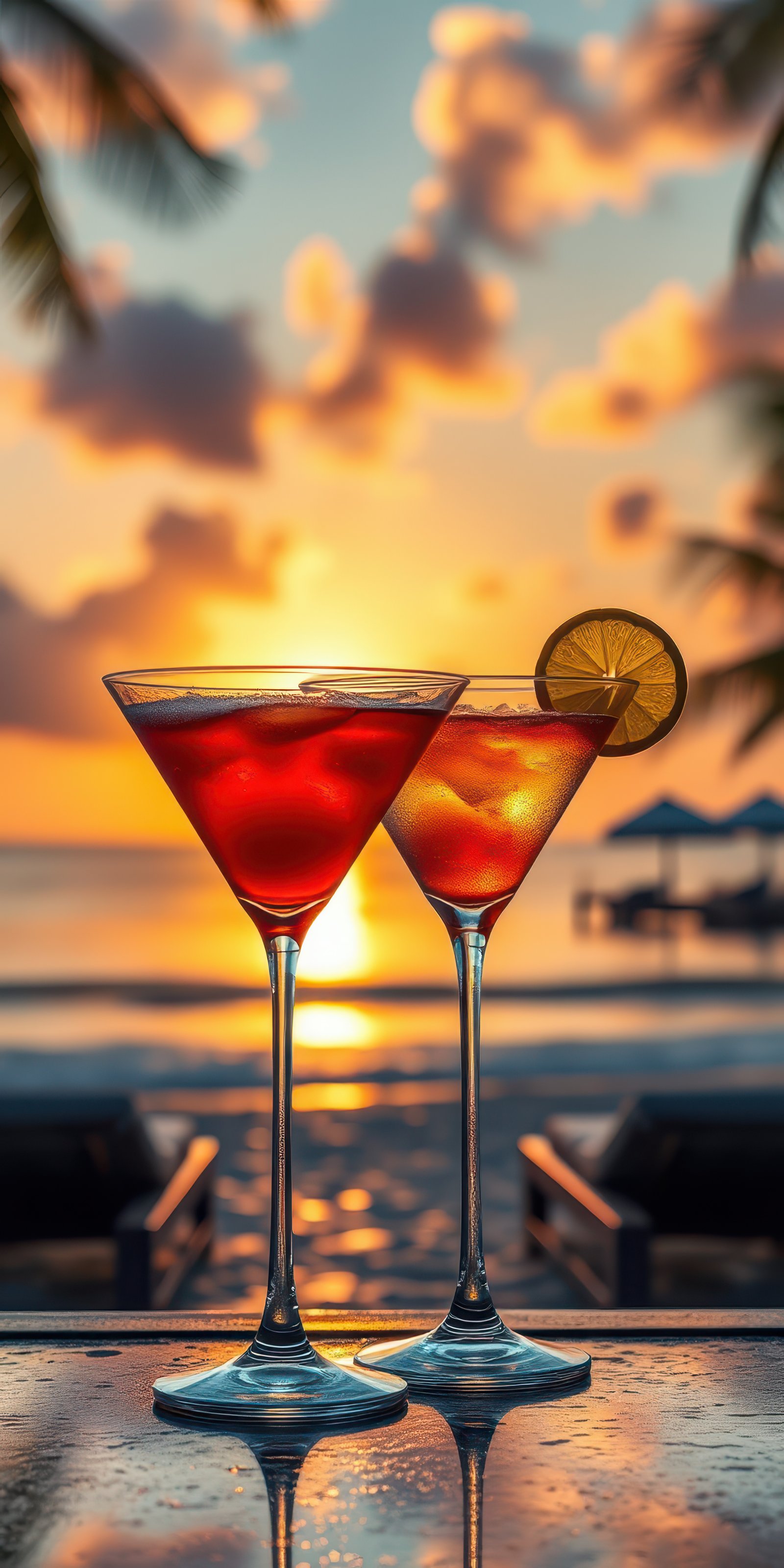 Refreshing cocktails on the beach at sunset with a vibrant sky and relaxing atmosphere